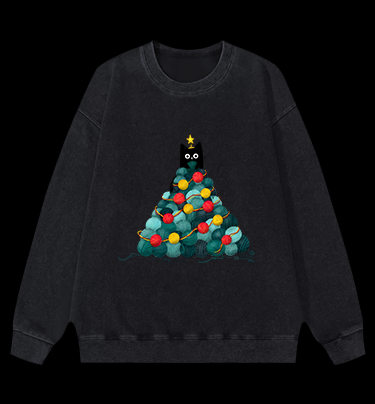 Black Cat Christmas Tree Vintage Washed 100% Cotton Sweatshirt