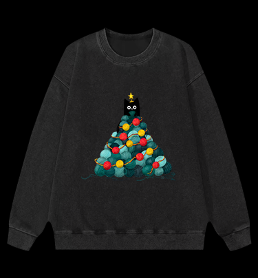 Black Cat Christmas Tree Vintage Washed 100% Cotton Sweatshirt