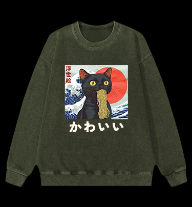 Cat Eating Noodles Vintage Washed 100% Cotton Sweatshirt