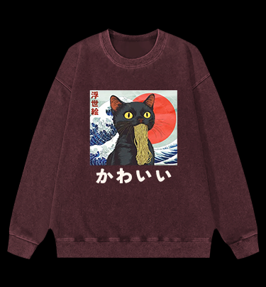 Cat Eating Noodles Vintage Washed 100% Cotton Sweatshirt