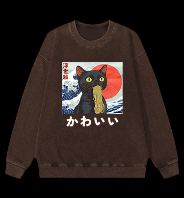 Cat Eating Noodles Vintage Washed 100% Cotton Sweatshirt