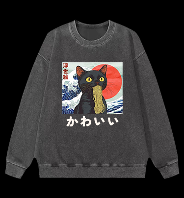 Cat Eating Noodles Vintage Washed 100% Cotton Sweatshirt