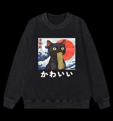 Cat Eating Noodles Vintage Washed 100% Cotton Sweatshirt
