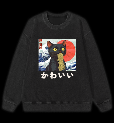 Cat Eating Noodles Vintage Washed 100% Cotton Sweatshirt
