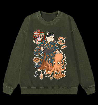 Cat Warrior Vintage Washed 100% Cotton Sweatshirt