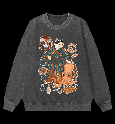 Cat Warrior Vintage Washed 100% Cotton Sweatshirt