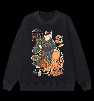 Cat Warrior Vintage Washed 100% Cotton Sweatshirt