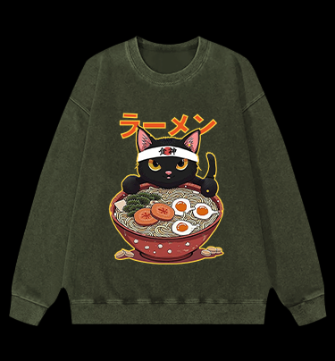Neko Ramen Master Cat Vintage Washed 100% Cotton Sweatshirt