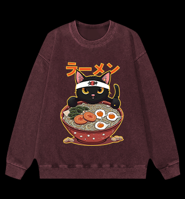 Neko Ramen Master Cat Vintage Washed 100% Cotton Sweatshirt