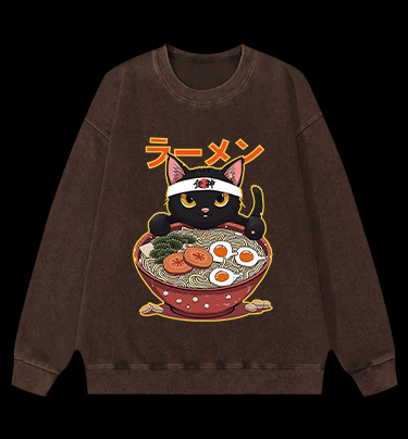 Neko Ramen Master Cat Vintage Washed 100% Cotton Sweatshirt