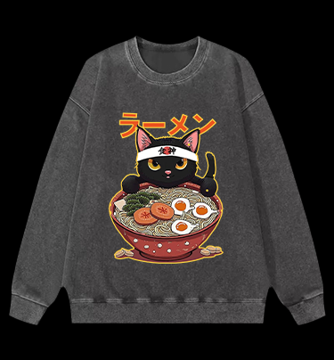 Neko Ramen Master Cat Vintage Washed 100% Cotton Sweatshirt