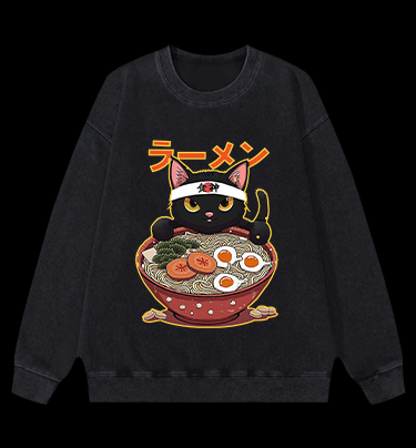 Neko Ramen Master Cat Vintage Washed 100% Cotton Sweatshirt