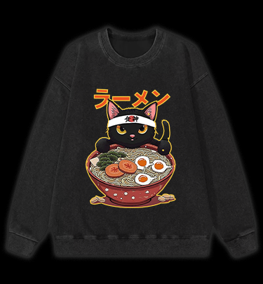 Neko Ramen Master Cat Vintage Washed 100% Cotton Sweatshirt