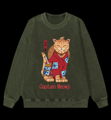 Katana Cat Vintage Washed 100% Cotton Sweatshirt
