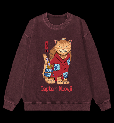 Katana Cat Vintage Washed 100% Cotton Sweatshirt