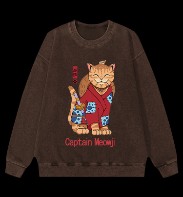 Katana Cat Vintage Washed 100% Cotton Sweatshirt