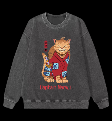 Katana Cat Vintage Washed 100% Cotton Sweatshirt