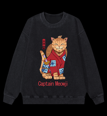 Katana Cat Vintage Washed 100% Cotton Sweatshirt