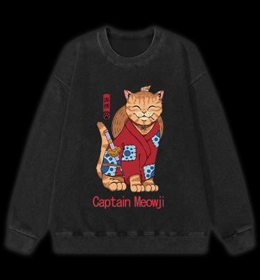 Katana Cat Vintage Washed 100% Cotton Sweatshirt