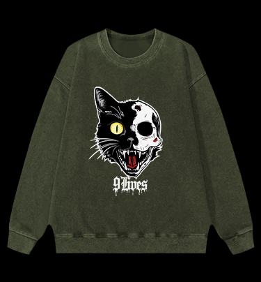 Skull Cat Vintage Washed 100% Cotton Sweatshirt