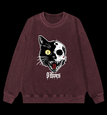 Skull Cat Vintage Washed 100% Cotton Sweatshirt
