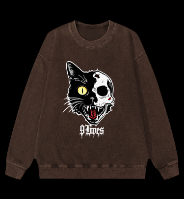 Skull Cat Vintage Washed 100% Cotton Sweatshirt