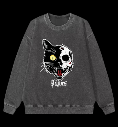 Skull Cat Vintage Washed 100% Cotton Sweatshirt