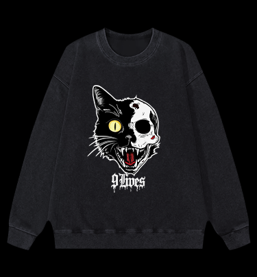 Skull Cat Vintage Washed 100% Cotton Sweatshirt