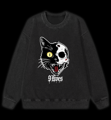 Skull Cat Vintage Washed 100% Cotton Sweatshirt