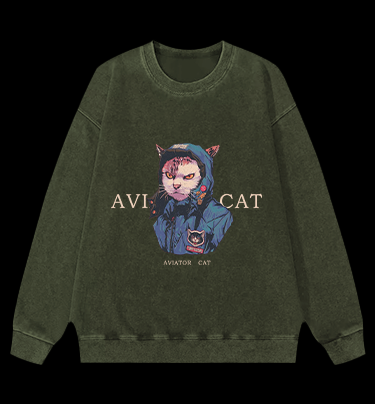 Aviator Cat Vintage Washed 100% Cotton Sweatshirt