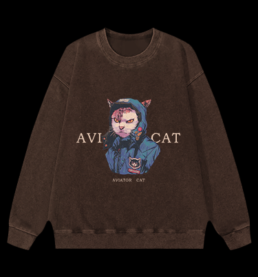 Aviator Cat Vintage Washed 100% Cotton Sweatshirt