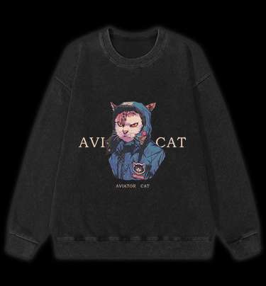 Aviator Cat Vintage Washed 100% Cotton Sweatshirt