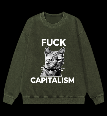 Punk Cat vs Capitalism Vintage Washed 100% Cotton Sweatshirt