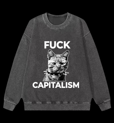 Punk Cat vs Capitalism Vintage Washed 100% Cotton Sweatshirt