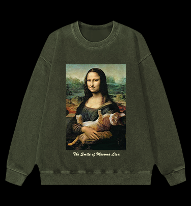 The Smile of Meowna Lisa Cat Vintage Washed 100% Cotton Sweatshirt