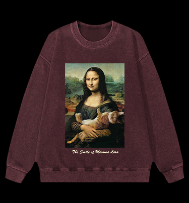 The Smile of Meowna Lisa Cat Vintage Washed 100% Cotton Sweatshirt