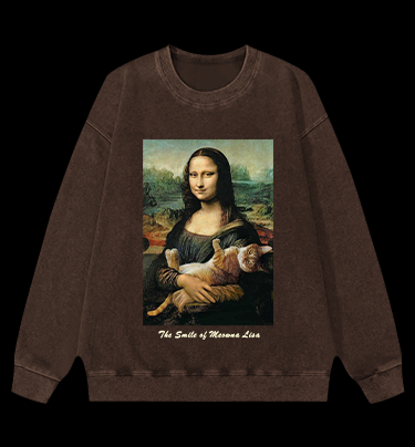 The Smile of Meowna Lisa Cat Vintage Washed 100% Cotton Sweatshirt