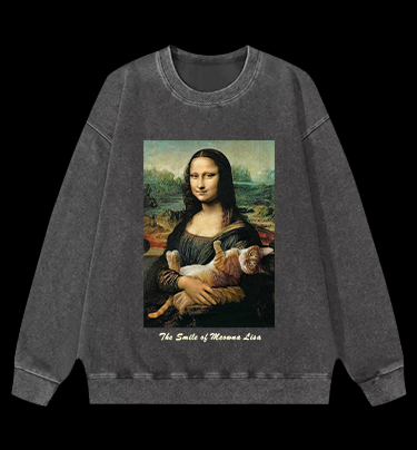 The Smile of Meowna Lisa Cat Vintage Washed 100% Cotton Sweatshirt