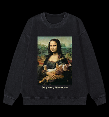 The Smile of Meowna Lisa Cat Vintage Washed 100% Cotton Sweatshirt