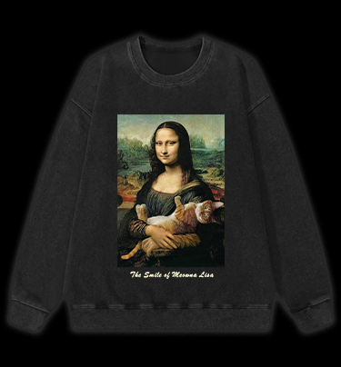 The Smile of Meowna Lisa Cat Vintage Washed 100% Cotton Sweatshirt