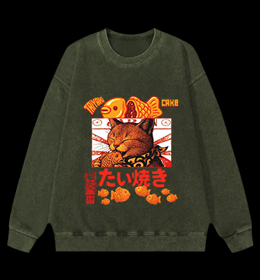 Taiyaki Cat Monster Vintage Washed 100% Cotton Sweatshirt