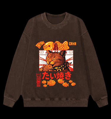 Taiyaki Cat Monster Vintage Washed 100% Cotton Sweatshirt