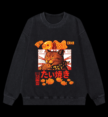 Taiyaki Cat Monster Vintage Washed 100% Cotton Sweatshirt