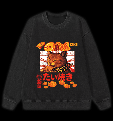 Taiyaki Cat Monster Vintage Washed 100% Cotton Sweatshirt