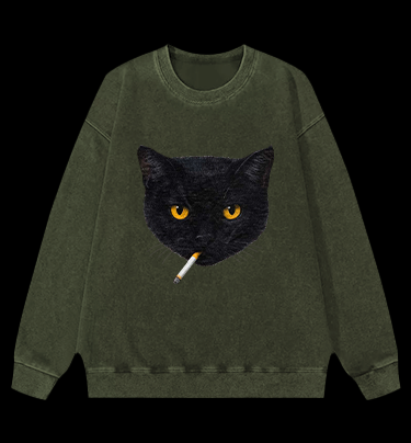 Smoking Cat Monster Vintage Washed 100% Cotton Sweatshirt