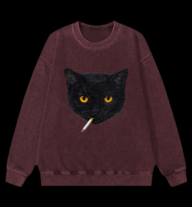 Smoking Cat Monster Vintage Washed 100% Cotton Sweatshirt