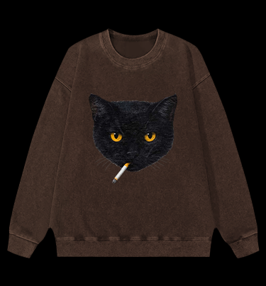 Smoking Cat Monster Vintage Washed 100% Cotton Sweatshirt