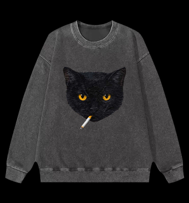Smoking Cat Monster Vintage Washed 100% Cotton Sweatshirt