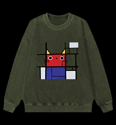 Meowdrian Cat Vintage Washed 100% Cotton Sweatshirt