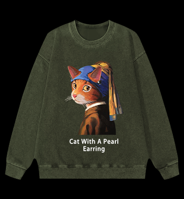 Jan Vermeer:Cat With A Pearl Earring Shark Vintage Washed 100% Cotton Sweatshirt